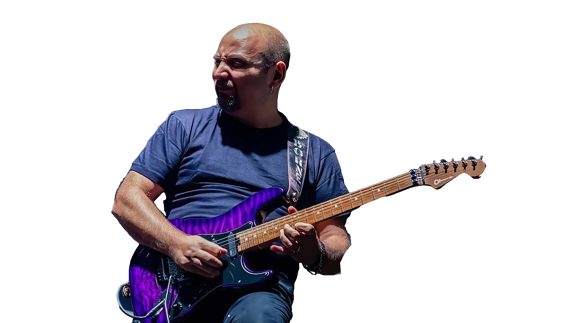 Marco Sfogli live on stage with a purple Charvel