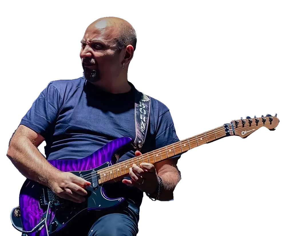Marco Sfogli playing his Charvel signature guitar in Transparent Purple Burst